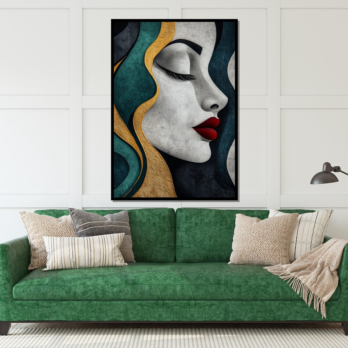 Textured Woman Portrait In Gold And Teal With Red Lips Artistic Poster - Image 4