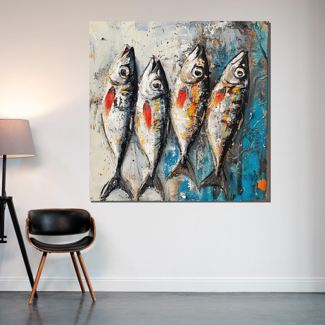 Four Fish Abstract School Blue Red Modern Coastal Art Poster - Image 2