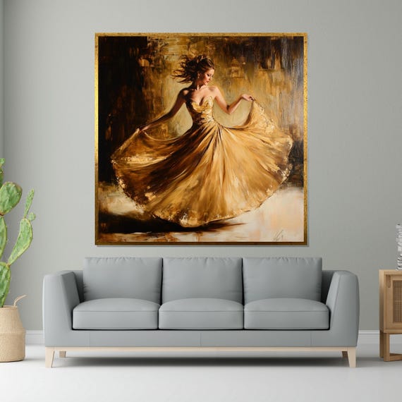 Golden Dancer Elegant Dance Art Woman In Gold Dress Wall Art Design Ready To Hang Decoration Dance Poster Art