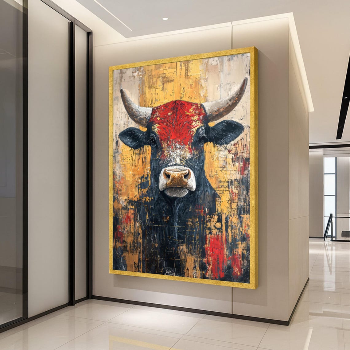 Bold Abstract Bull Painting Red Black Gold Dramatic Art Poster