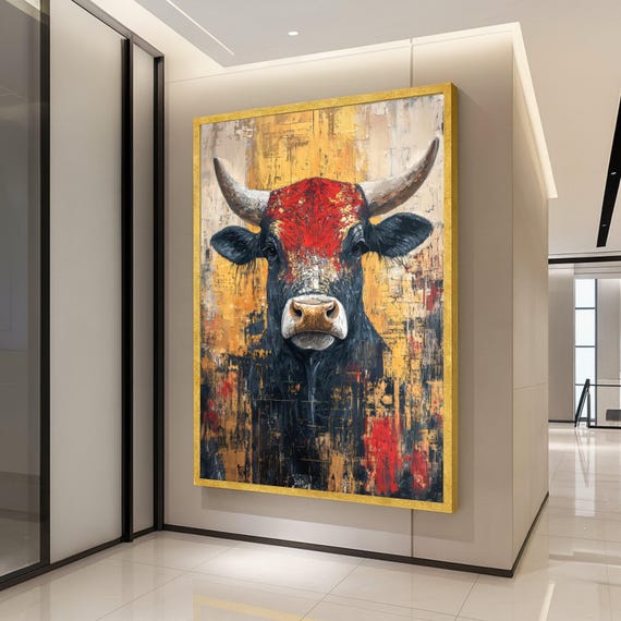 Bold Abstract Bull Painting Red Black Gold Dramatic Art Poster