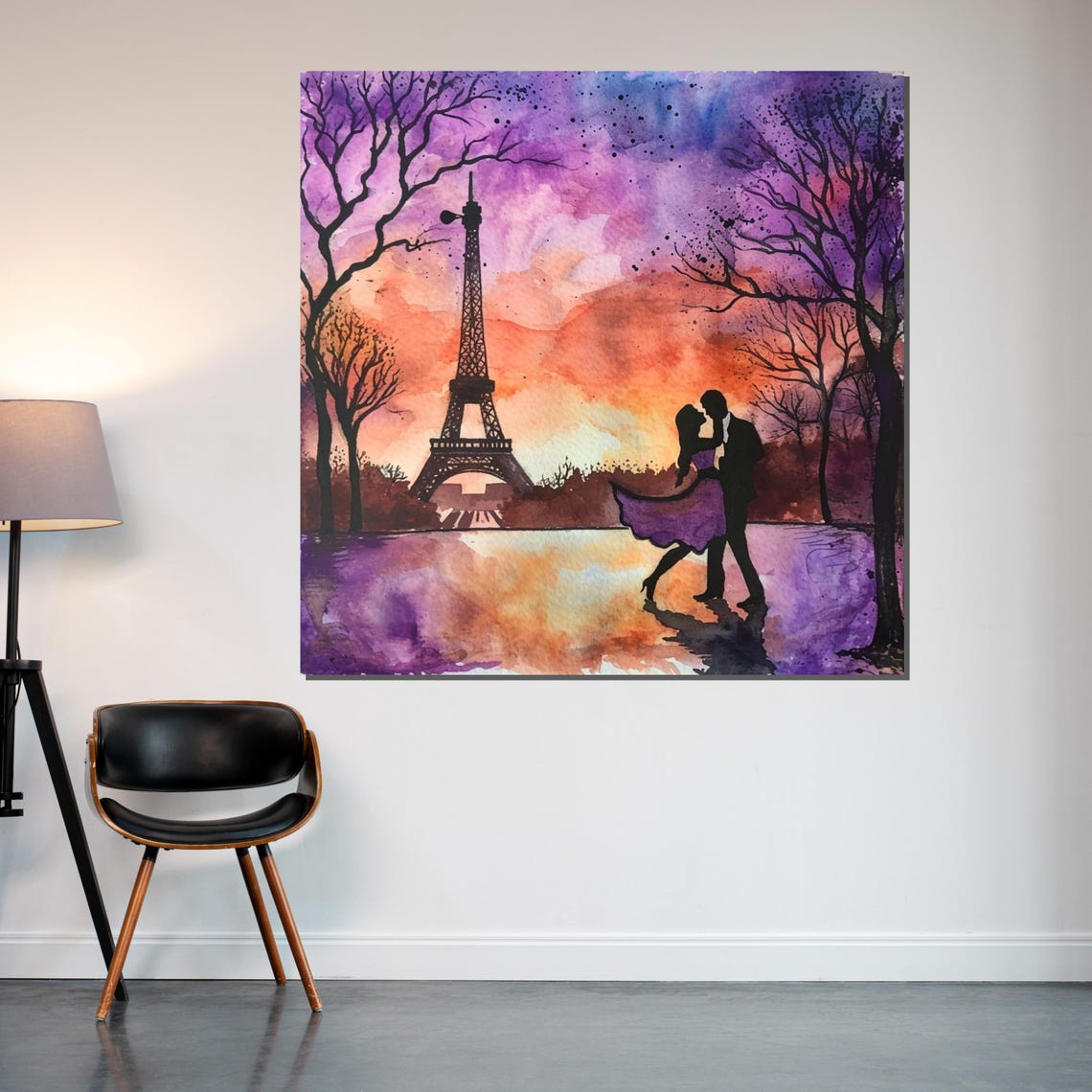 Paris Lovers Eiffel Tower Sunset Watercolor Romantic Kiss Poster - Image 2