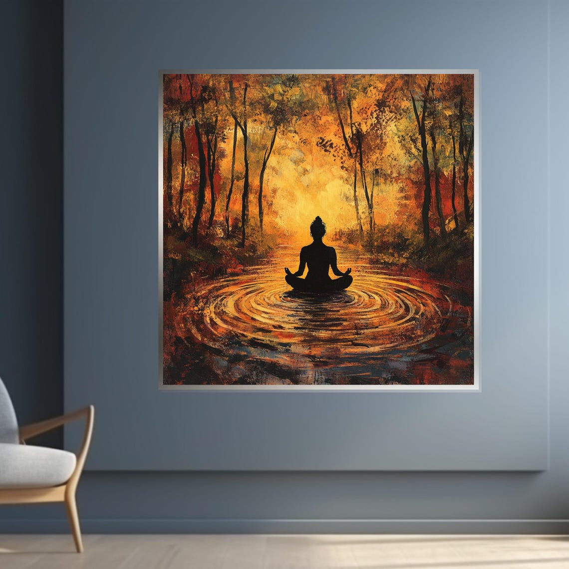 Meditating Woman Silhouette Golden Autumn Forest Lake Poster - Image 4