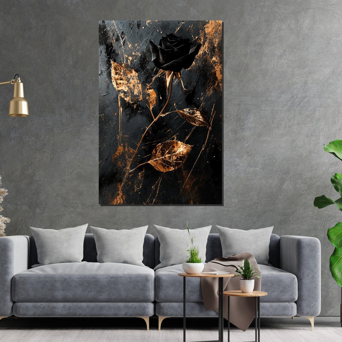 Black Rose Golden Leaves Dark Moody Dramatic Floral Art Poster - Image 2