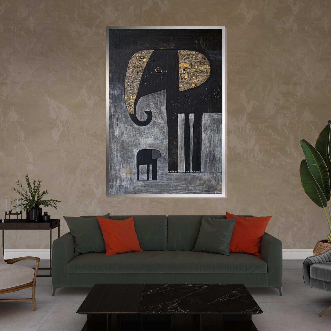 Elephant Mother Baby Black Gold Naif Style Tender Family Wall Art - Image 4