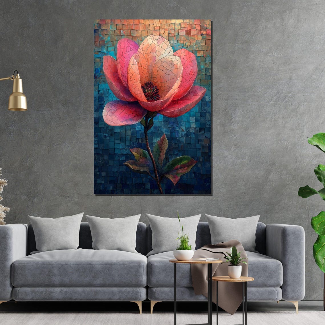 Pink Magnolia Mosaic Art Blue Background Floral Design Poster - Image 2