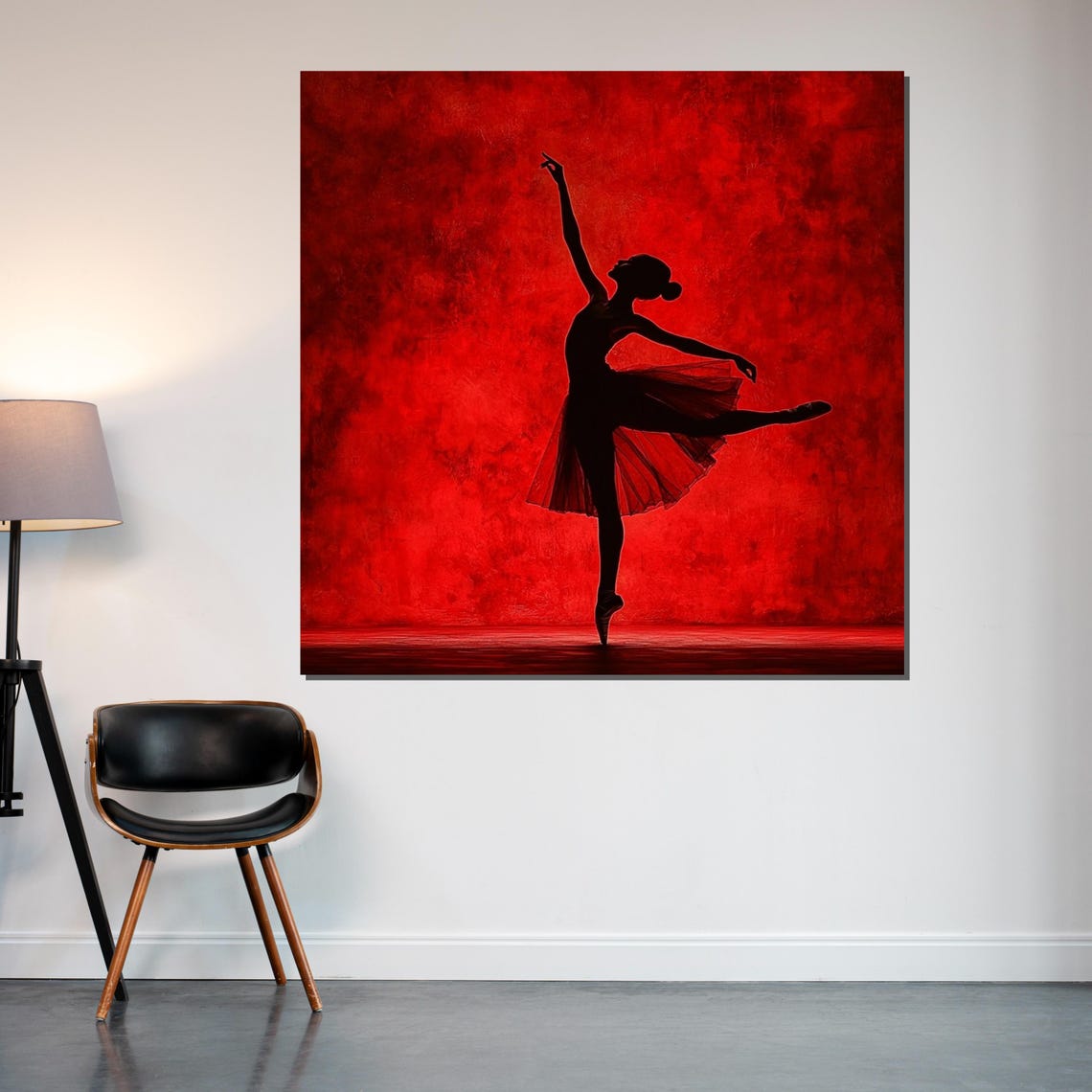 Ballerina Black Silhouette Bold Red Textured Backdrop Poster - Image 2