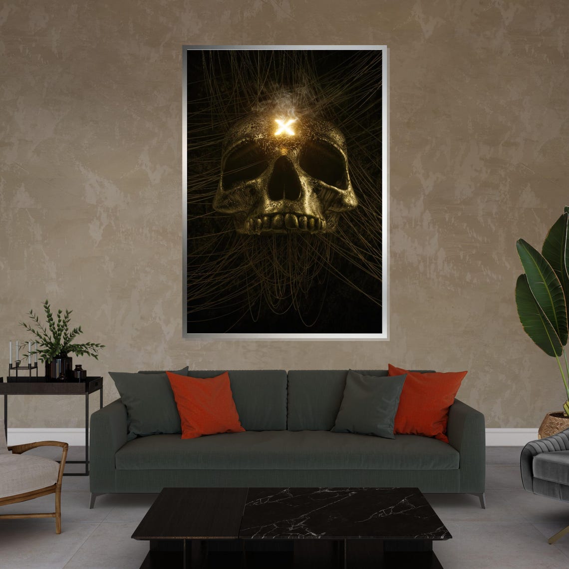 Golden Skull With Glowing Forehead Mark Dark Mystical Art Poster - Image 4