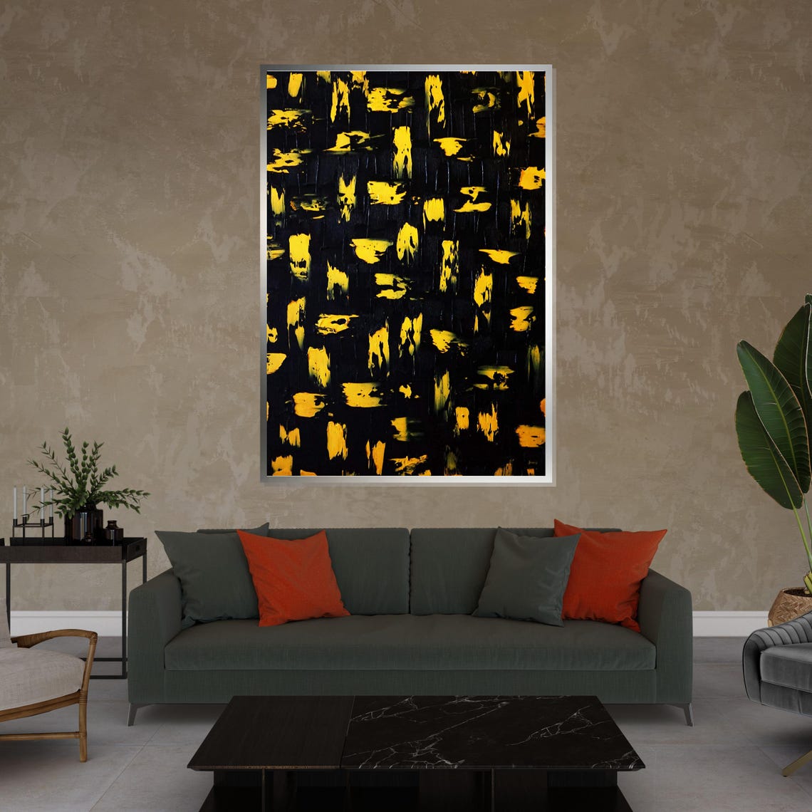 Bold Yellow Strokes Black Background Abstract Expressionist Print - Image 4