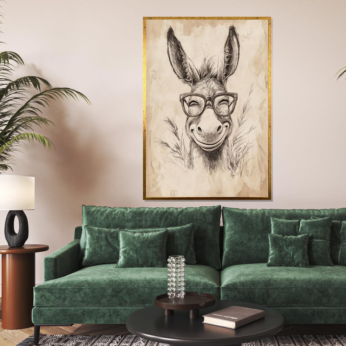 Smiling Donkey Wearing Glasses Funny Pencil Sketch Vintage Print
