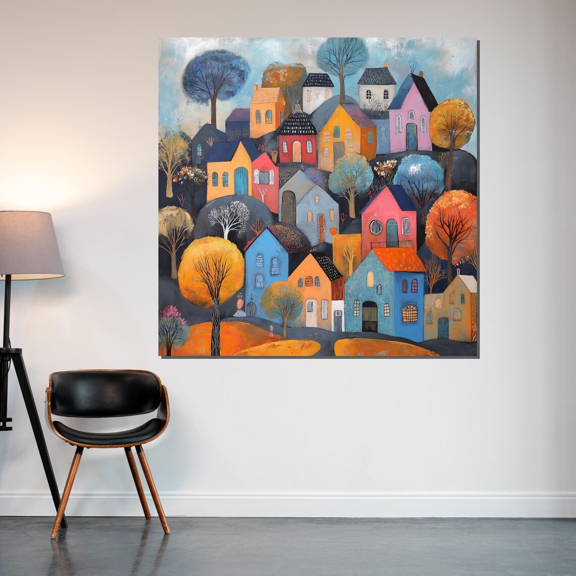 Whimsical Colorful Village Houses Hillside Folk Art Decor Poster - Image 2