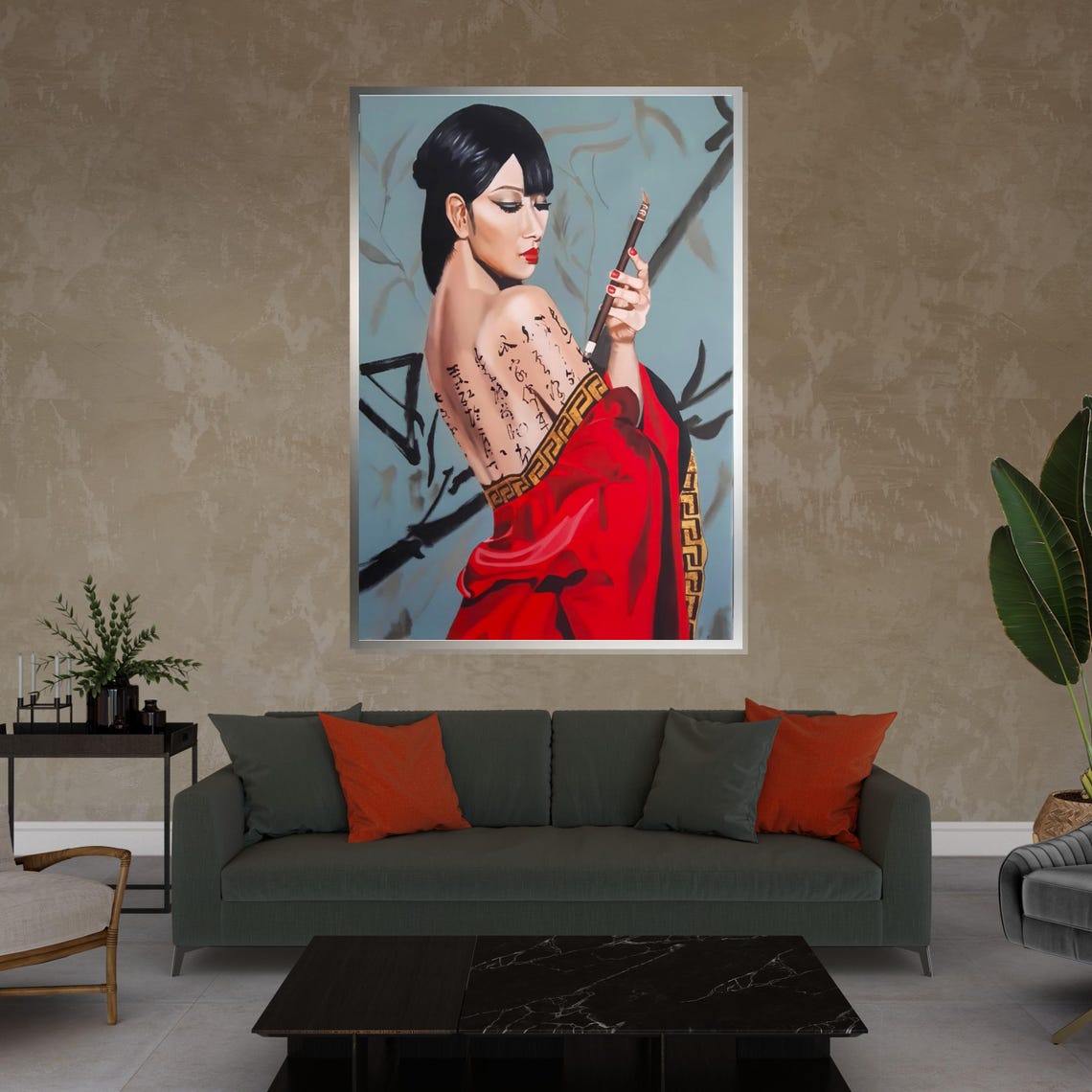 Geisha Beauty In Red Kimono With Calligraphy Bamboo Elegance Poster - Image 4