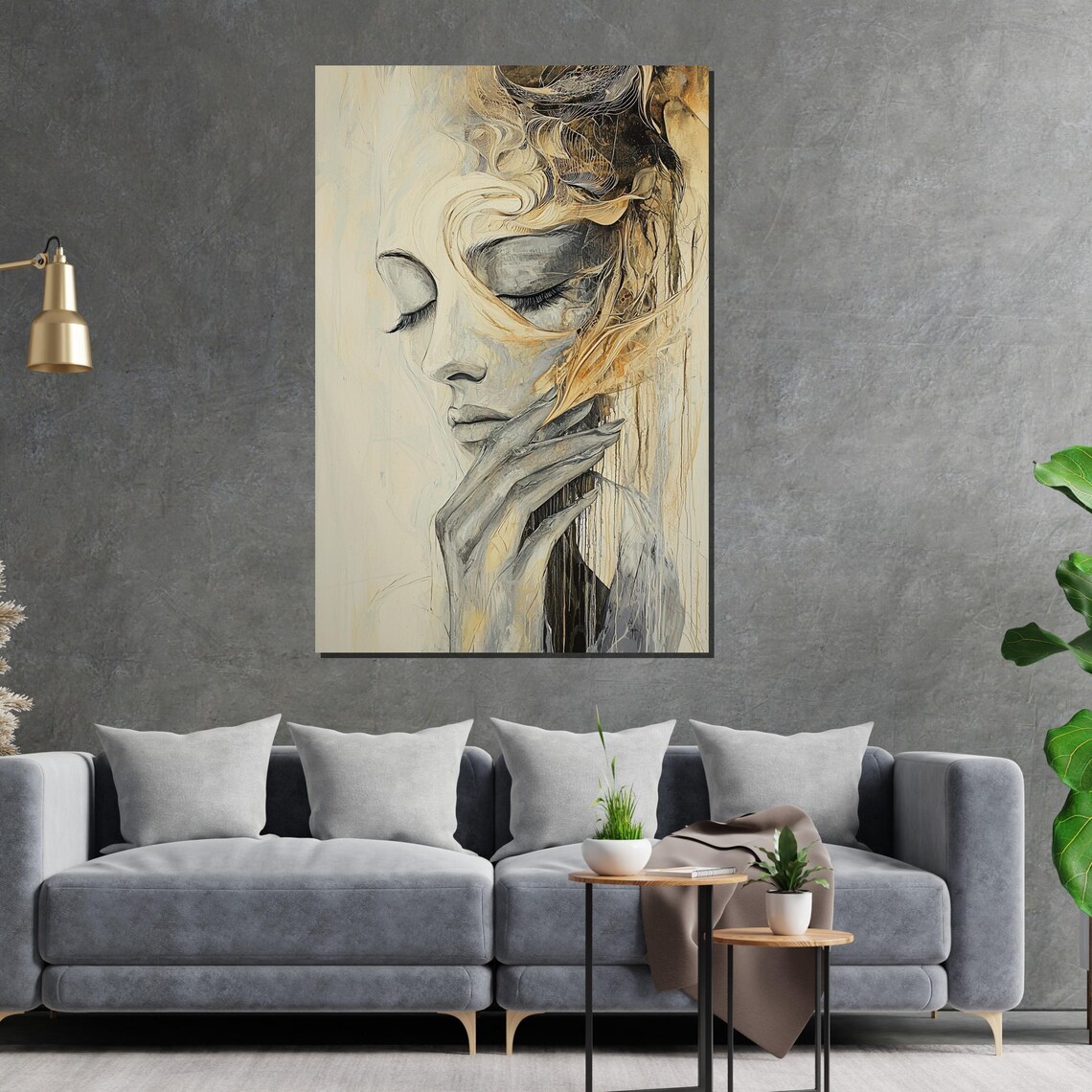 Serene Woman Face Flowing Gold Swirls Dreamy Portrait Poster - Image 2