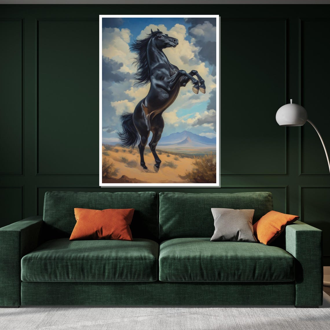 Black Stallion Rearing Desert Sunset Dramatic Equine Oil Art Poster - Image 3