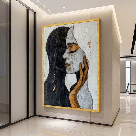 Abstract Dual Face Canvas Modern Art Wall Decor Gold And Black Portrait Contemporary Painting Home Decoration Ready To Hang