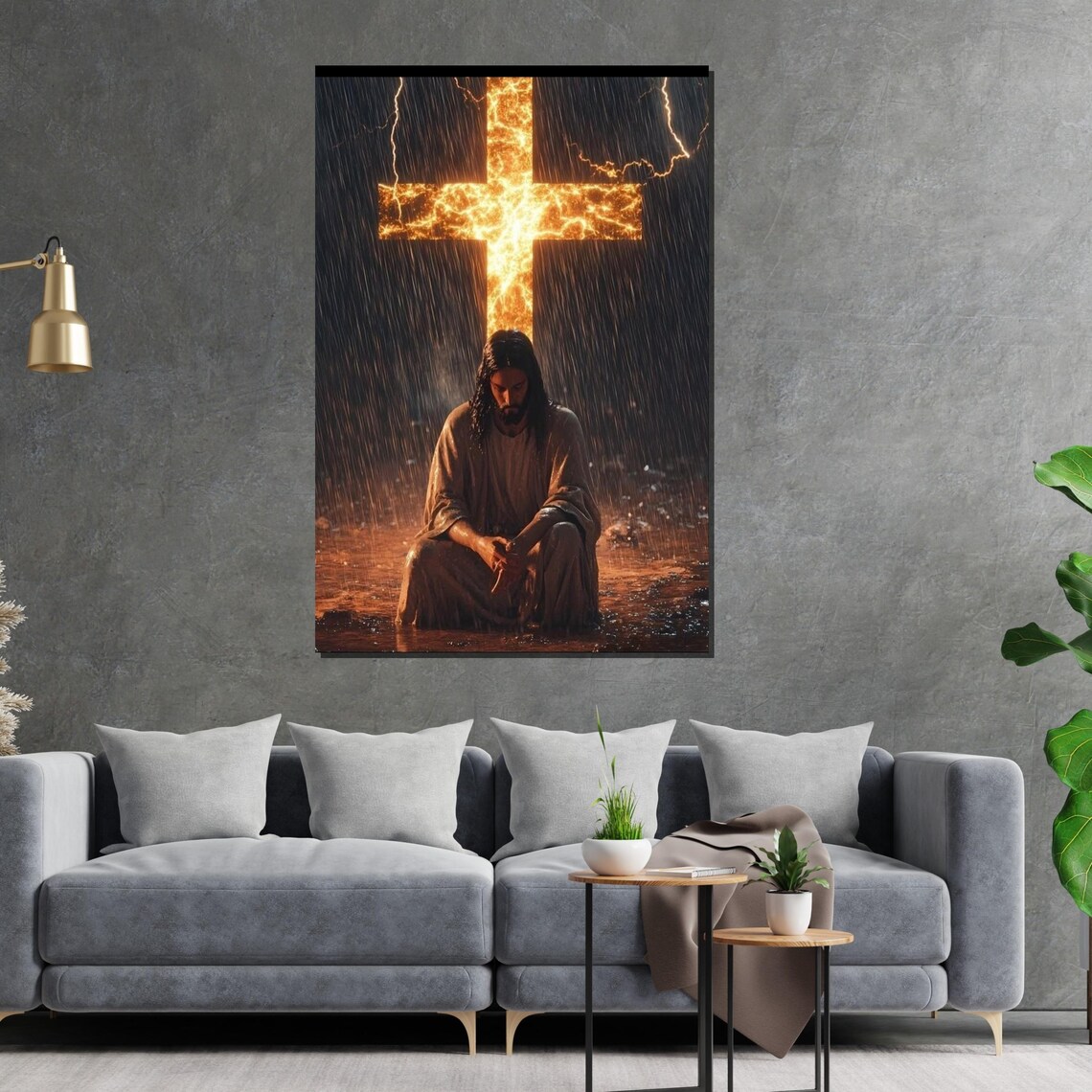 Jesus Kneeling Before Fiery Cross In Rain Christian Faith Wall Art - Image 2
