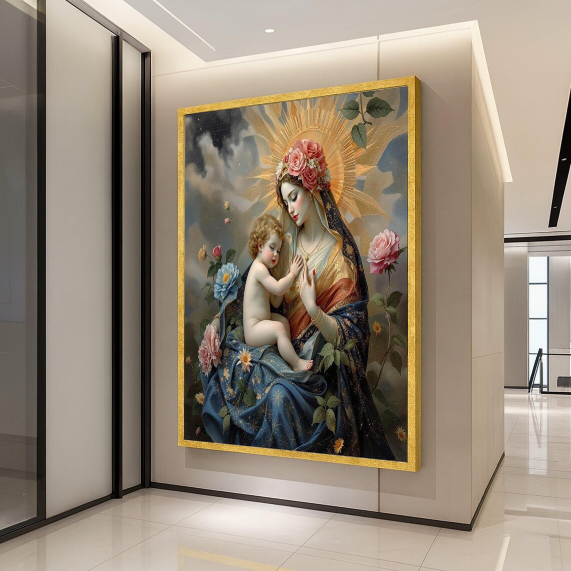 Loving Madonna And Child Canvas Wall Art Vintage Religious Painting Floral Crown Virgin Mary Spiritual Home Decoration Ready To Hang