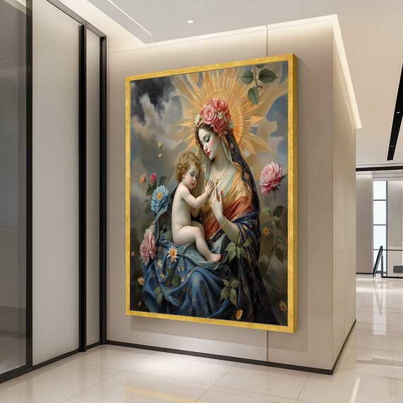 Madonna And Child Floral Crown Roses Vintage Religious Canvas Print