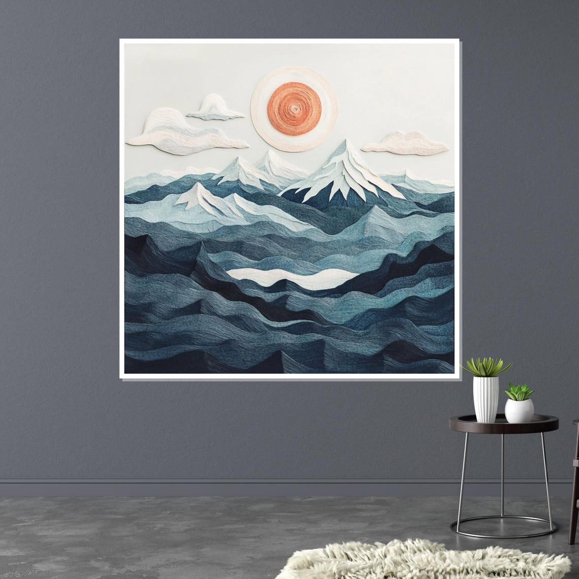 Stitched Blue Mountain Peaks Embroidered Thread Landscape Poster - Image 3