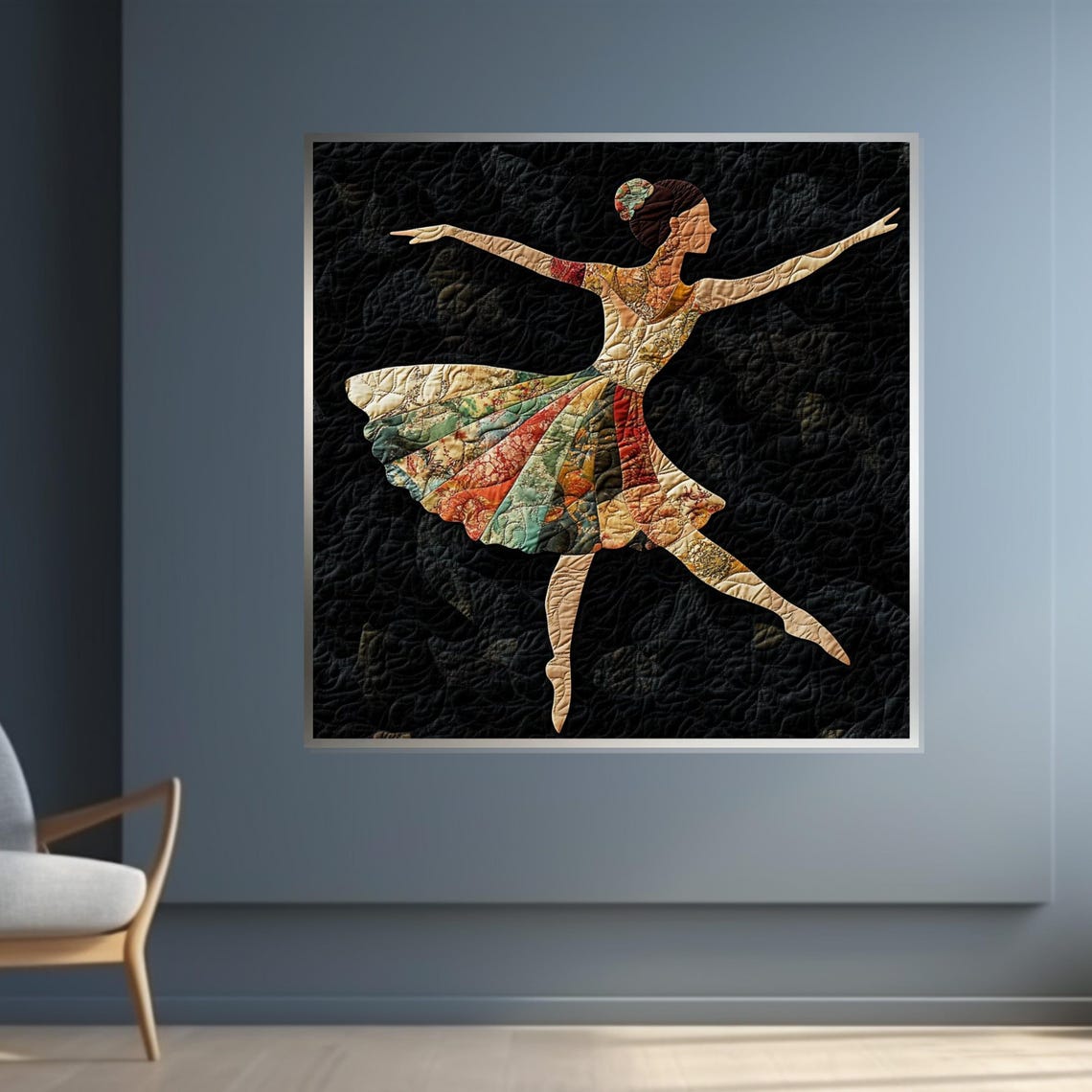 Quilted Patchwork Ballerina Map Skirt Black Background Folk Art Poster - Image 4