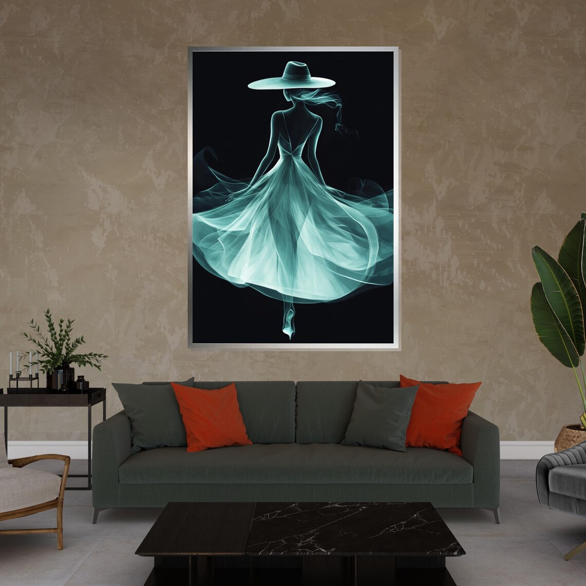 Mystical Teal Silhouette Woman Dancing In Flowing Dress Poster - Image 3