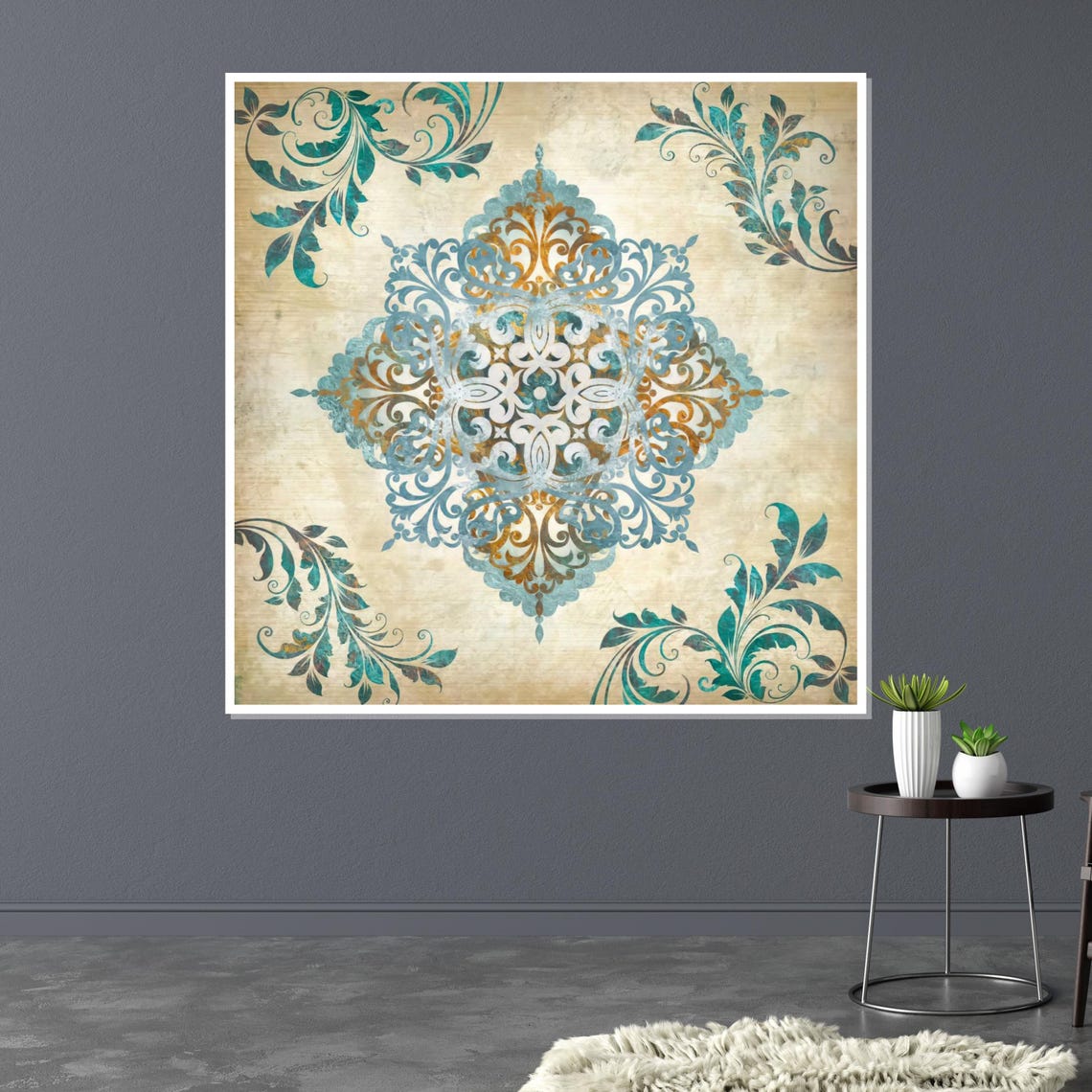 Vintage Blue Gold Ornamental Mandala Filigree Medallion Wall Art - Image 3