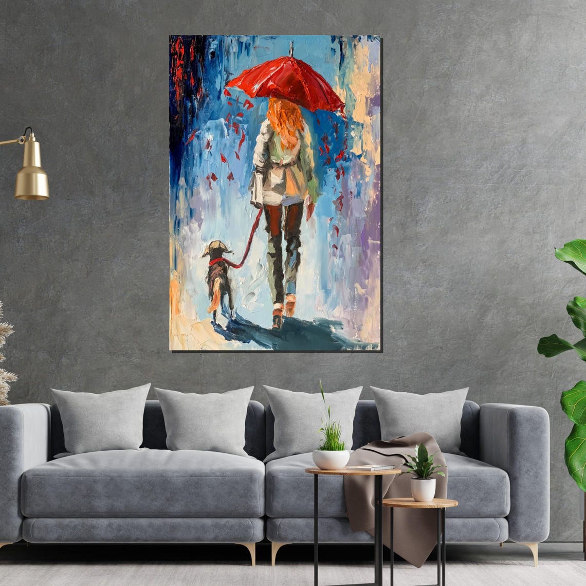 Woman With Red Umbrella Walking Dog In Rain Painterly Pet Art Poster