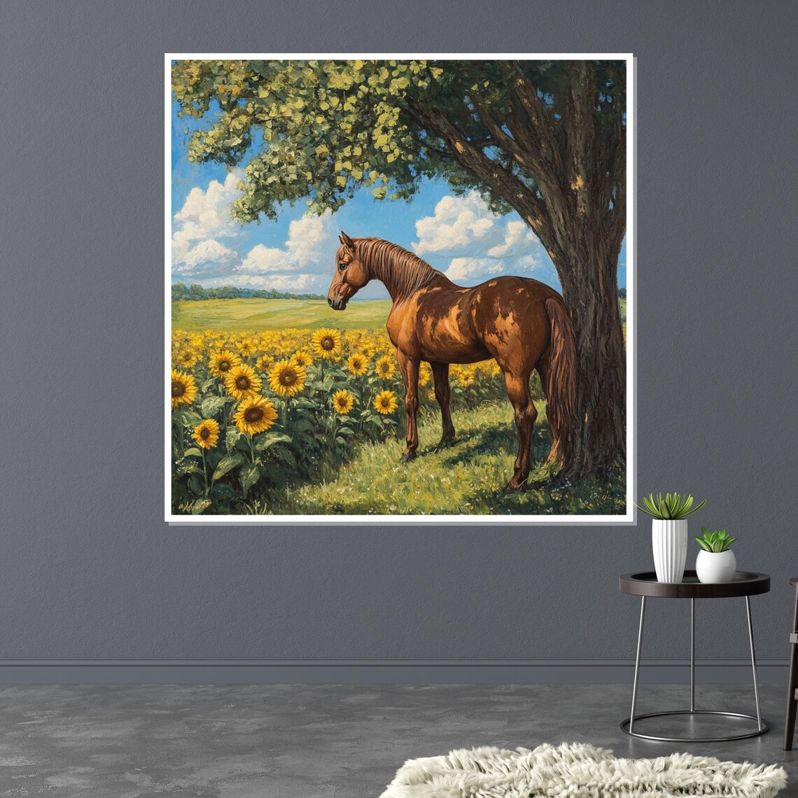 Chestnut Horse By A Tree In A Sunflower Field Pastoral Art Poster - Image 3