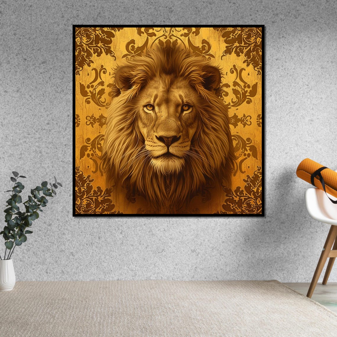Golden Lion Portrait Ornate Damask Background Regal Art Poster - Image 5