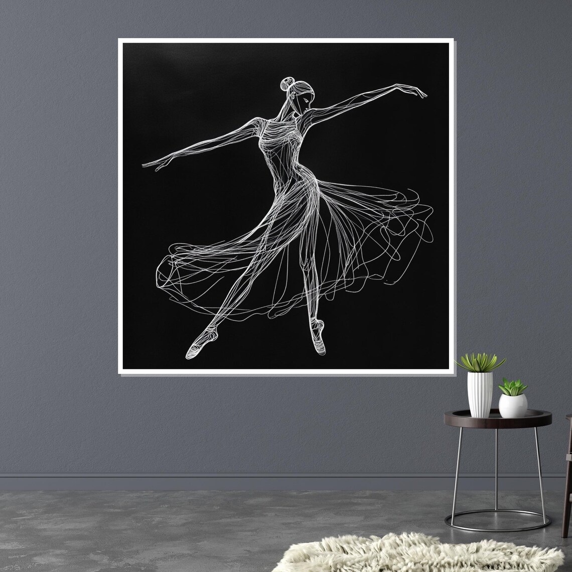 Elegant Ballerina White Line Art Black Background Minimal Poster - Image 3