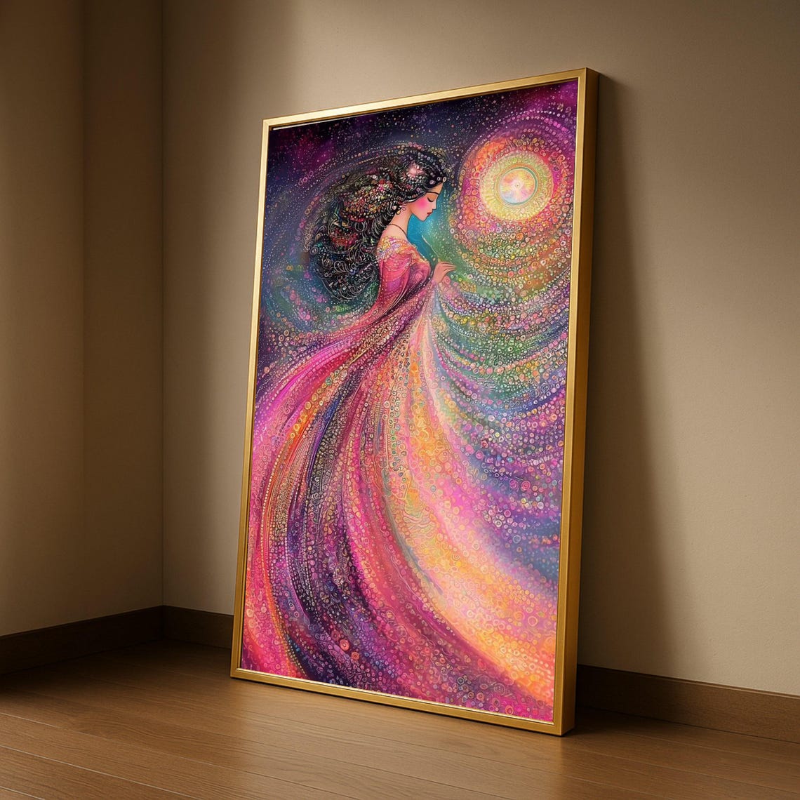 Mystical Cosmic Woman Flowing Starry Gown Spiritual Art Poster