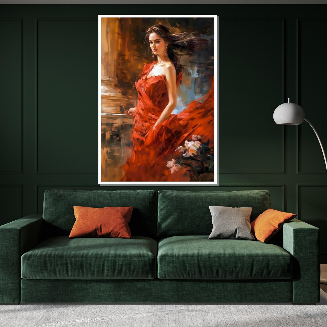 Woman in Flowing Red Gown Painterly Romantic Portrait Poster - Image 3