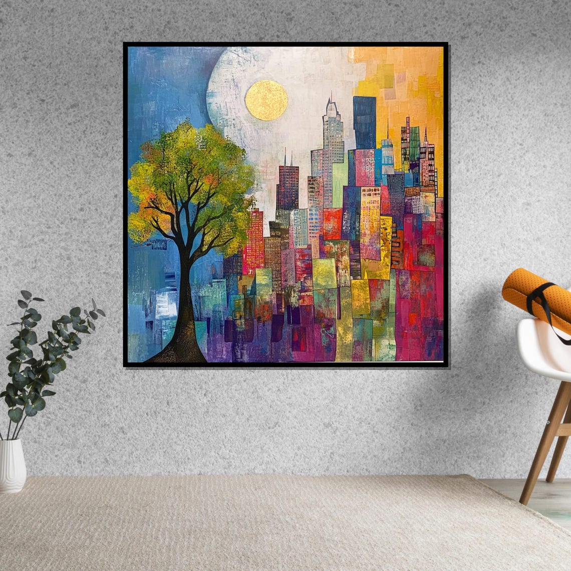 Colorful Abstract City Skyline with Tree and Golden Sun Poster - Image 5