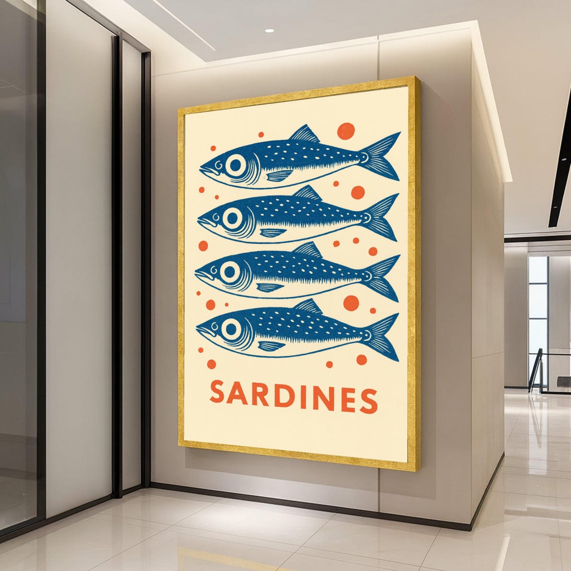 Vintage Blue Sardines Illustration Retro Seafood Kitchen Poster