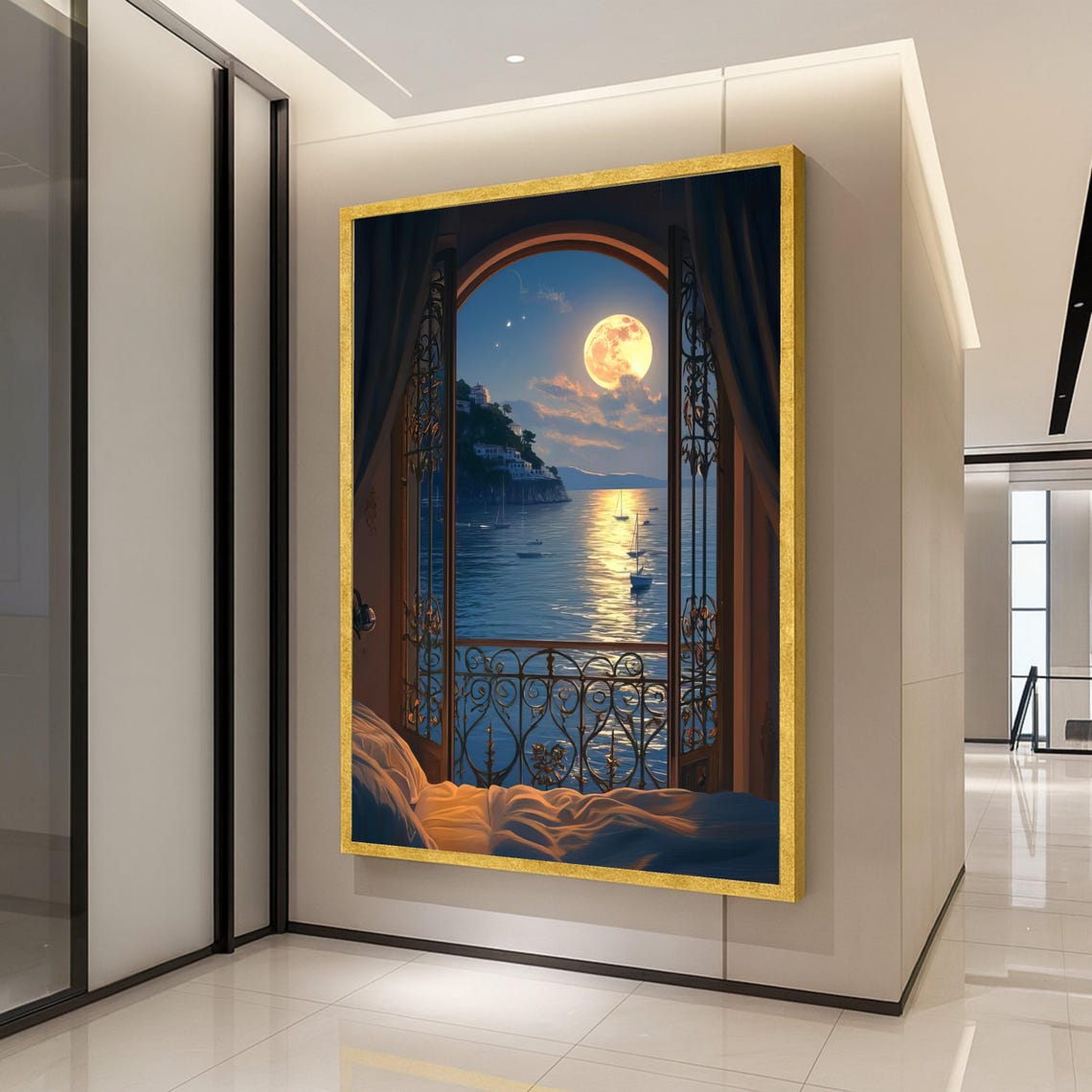 Moonlit Seaside Balcony Full Moon Ocean Night View Canvas Print