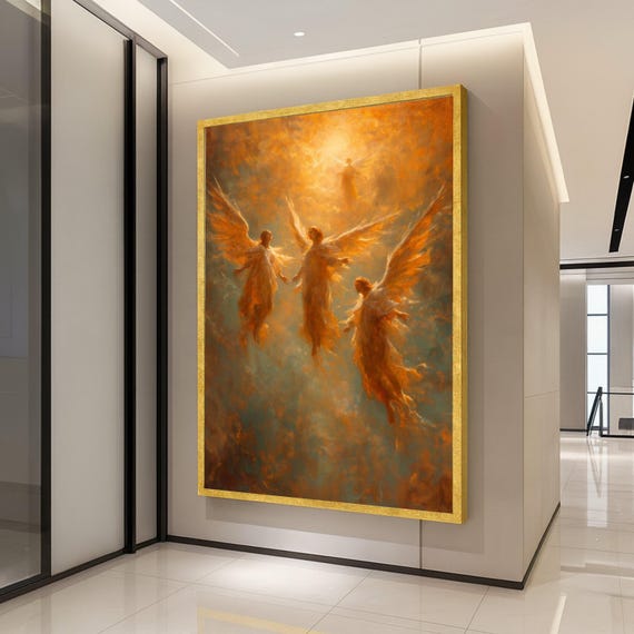 Glowing Angelic Figures Canvas Heavenly Light Wall Art Spiritual Abstract Painting Ethereal Angel Wings Ready To Hang