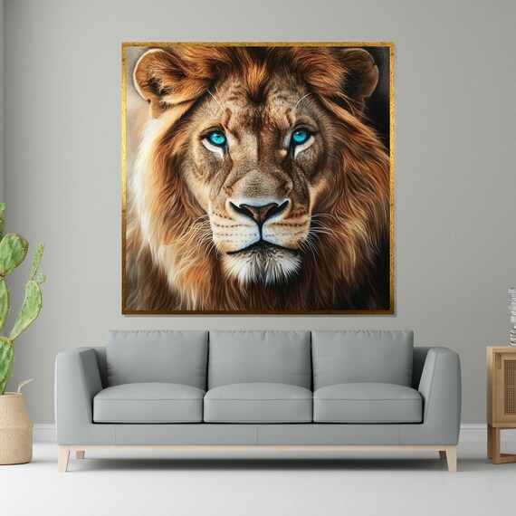 Lion Face With Piercing Blue Eyes Majestic Wildlife Portrait Poster