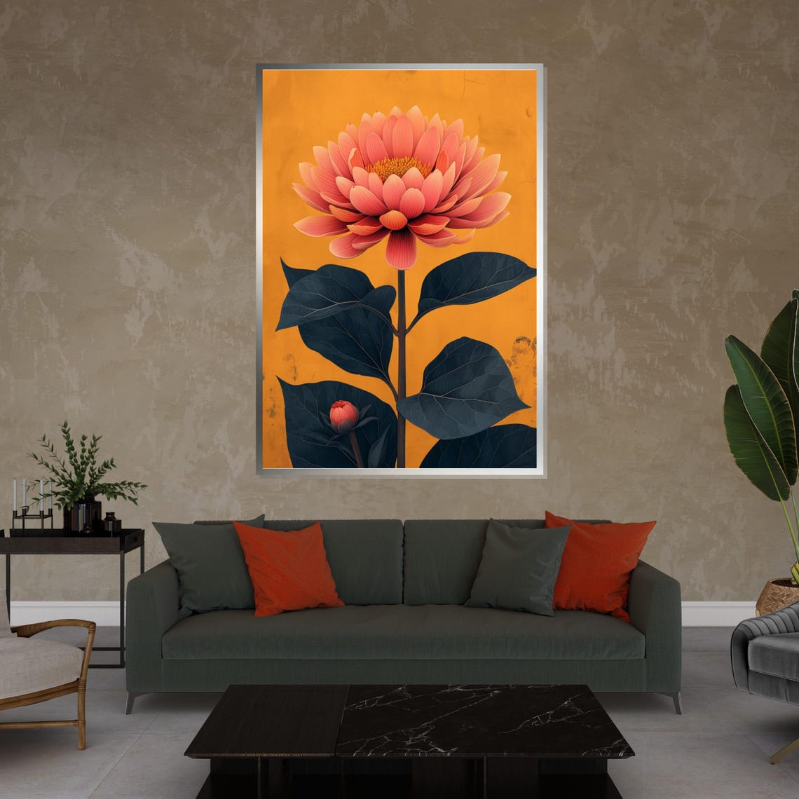 Orange Dahlia Mustard Yellow Background Bold Botanical Art Poster - Image 4