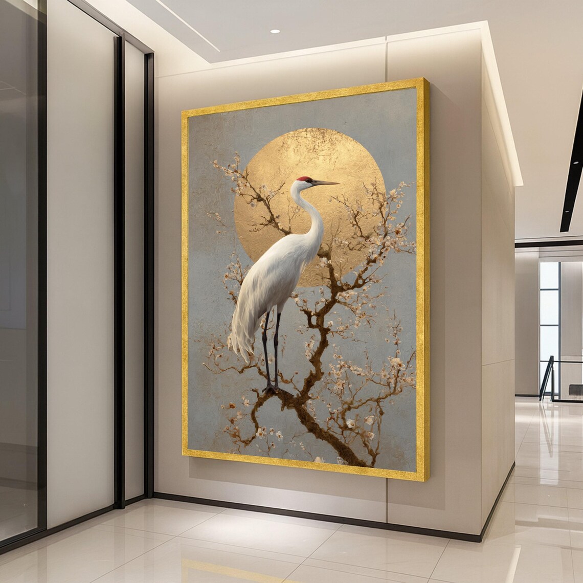 Elegant White Crane Art Print, Asian Inspired Nature