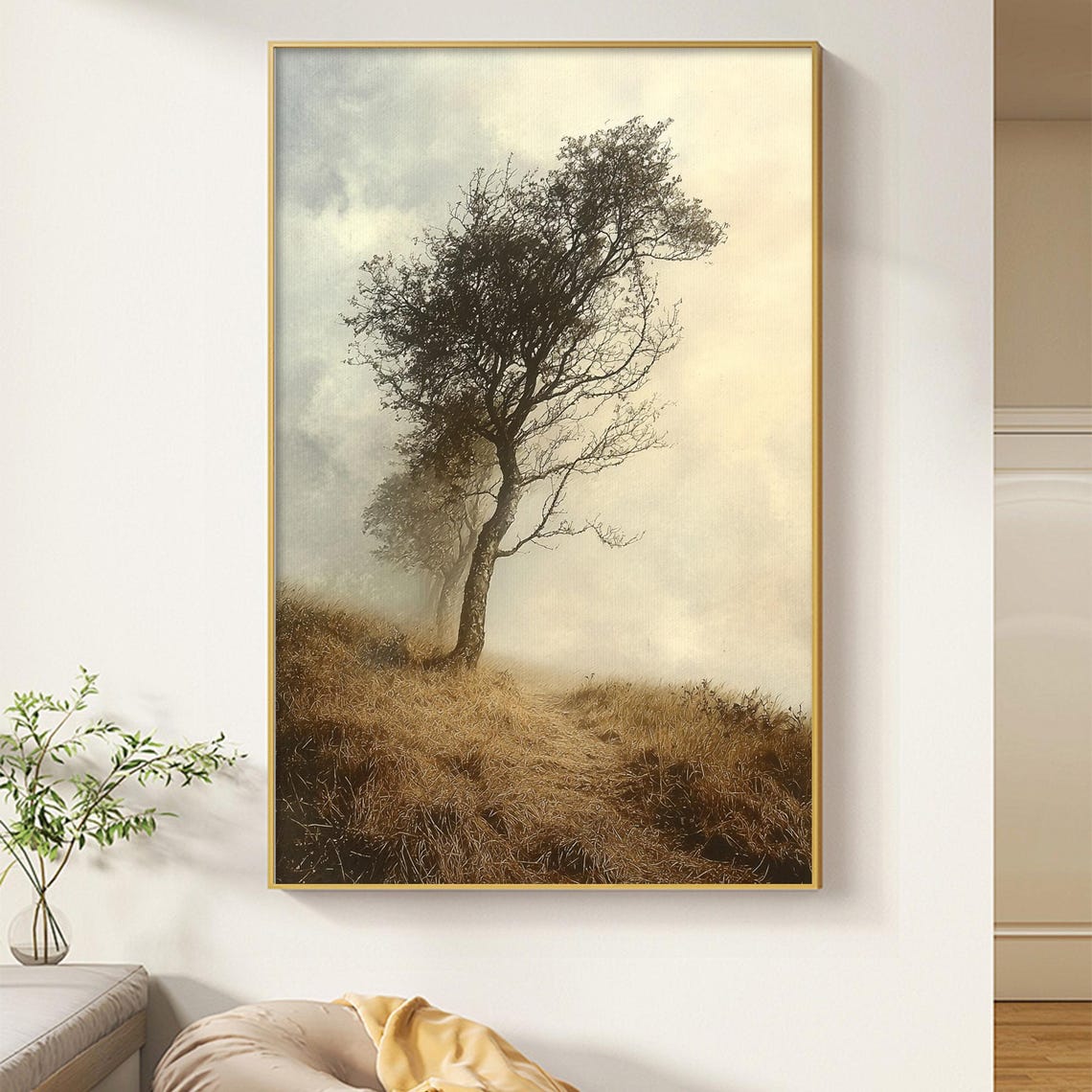 Twisted Tree Golden Field Sepia Haze Vertical Landscape Wall Art - Image 4