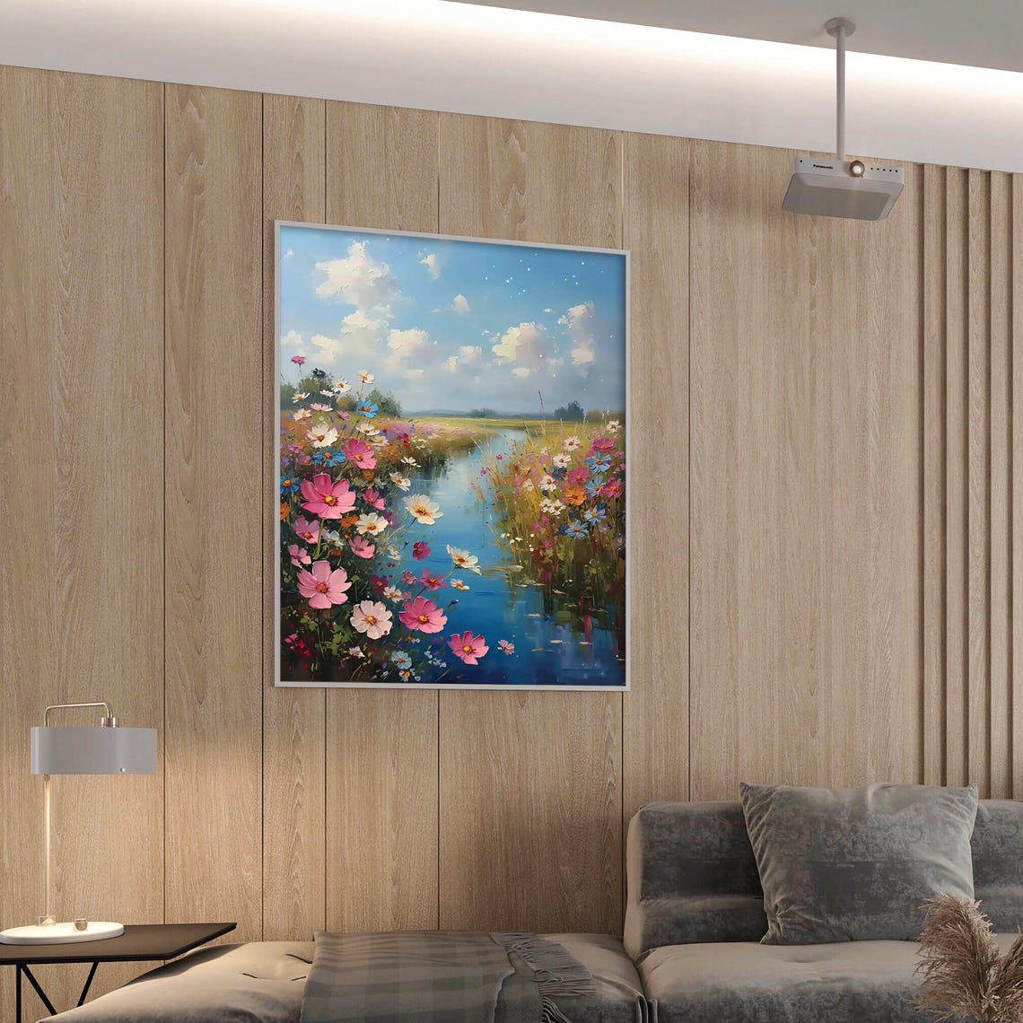 Wildflowers Along Winding River Blue Sky Vertical Oil Painting Poster - Image 3