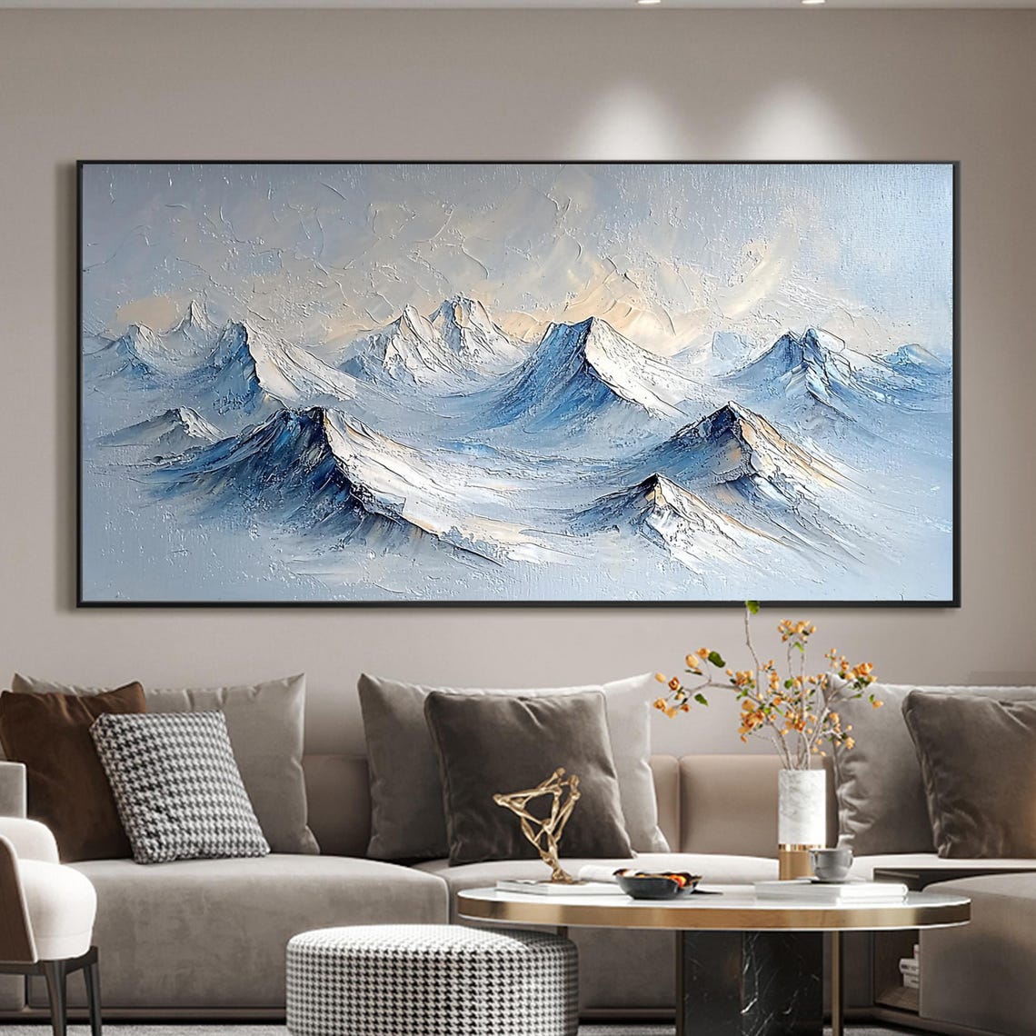 Misty Blue Snow Capped Mountains Serene Textured Landscape Wall Art