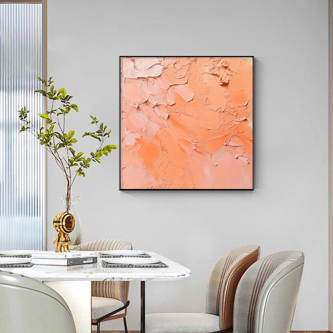 Peach Orange Palette Knife Textured Abstract Painting Warm Wall Art - Image 2