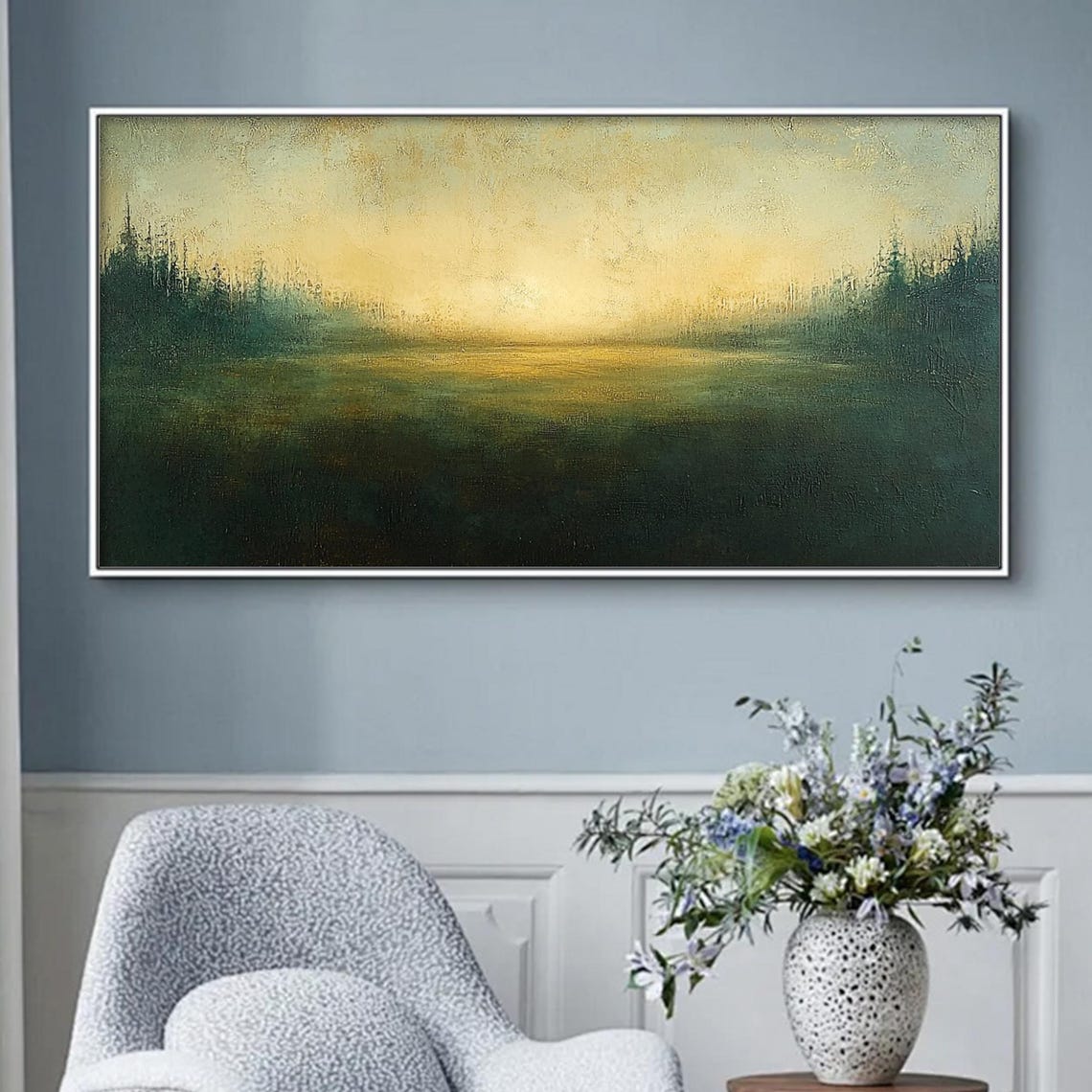 Dark Green Gold Abstract Meadow Dusk Panoramic Landscape Wall Art - Image 2