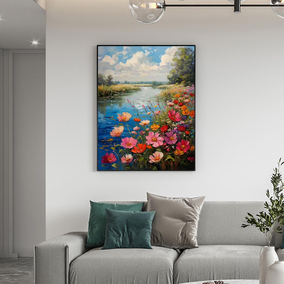 Colorful Flower Oil Painting, Abstract River Print - Image 2