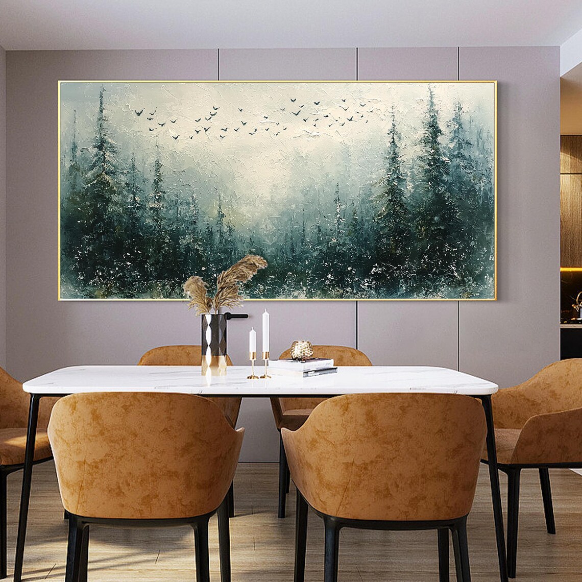 Misty Teal Pine Forest Birds Textured Oil Painting Modern Wall Art - Image 2