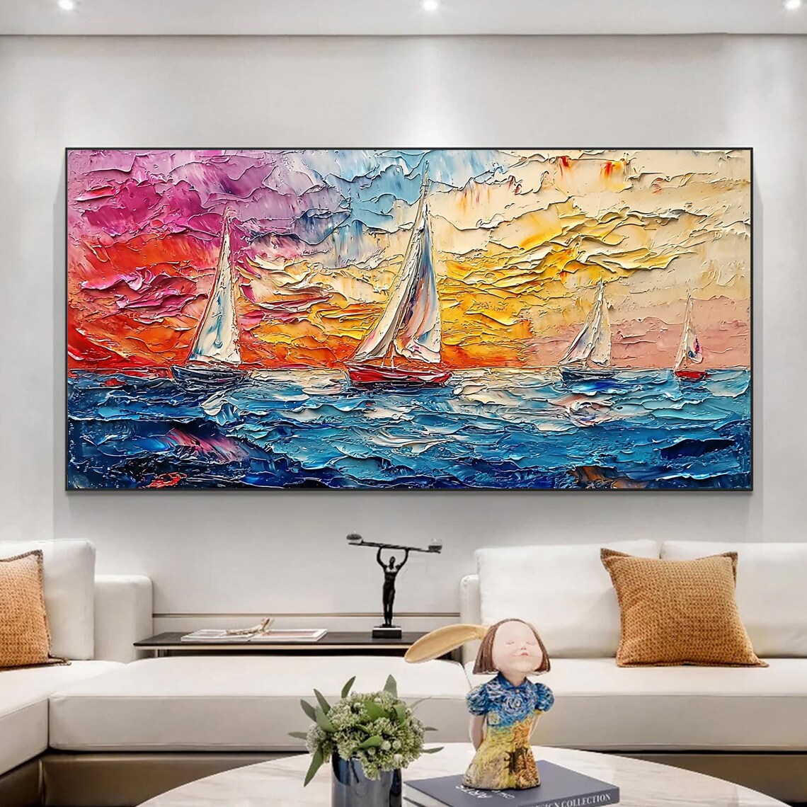 Colorful Sailboat Sunset Seascape Magenta Sky Textured Ocean Wall Art