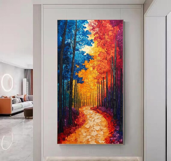 Large Original Blue And Orange Tree Textured Oil Painting Abstract Colorful Forest Texture Painting Sofa Background Wall Decor Gift