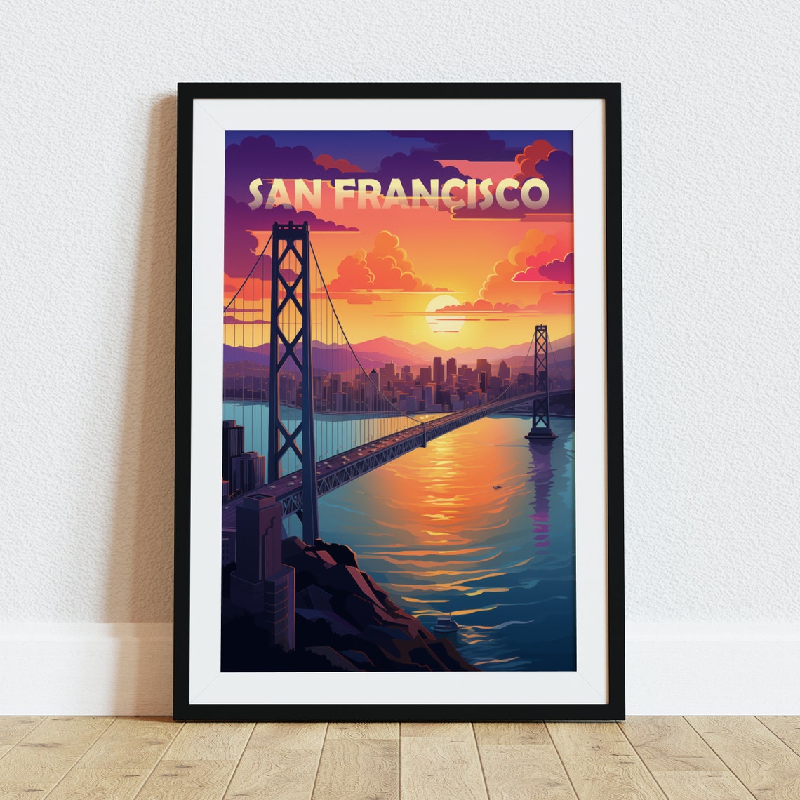 San Francisco Bay Bridge Sunset Skyline Vintage Travel Poster