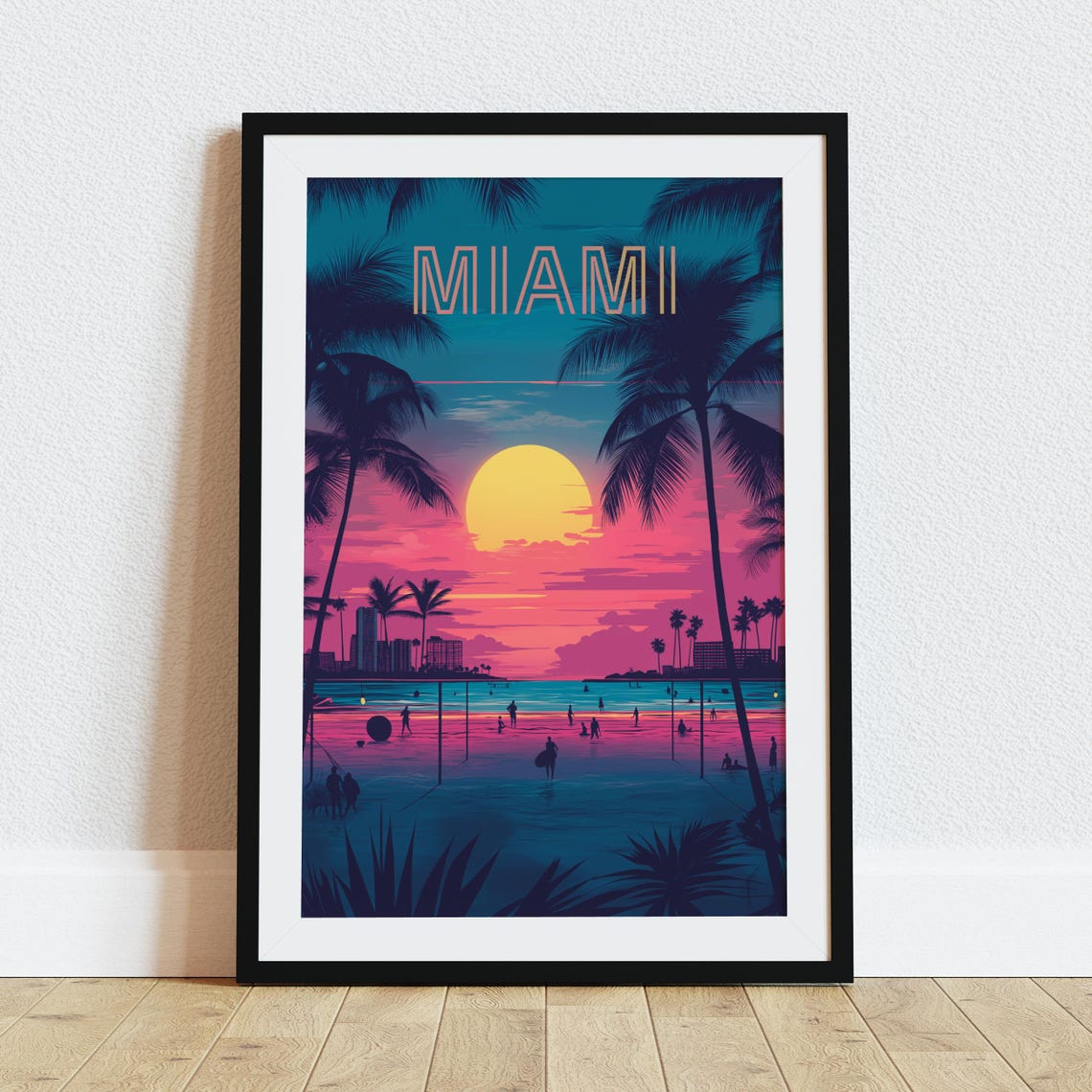 Miami Florida Beach Sunset Palms Retro Vintage Travel Poster